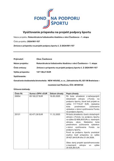 Vyúčtovanie príspevku projektu Rekonštrukcia futbalového štadiónu v&nbsp;obci Častkovce 1.etapa