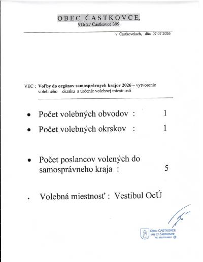 Vytvorenie volebného okrsku a určenie volebnej miestnosti