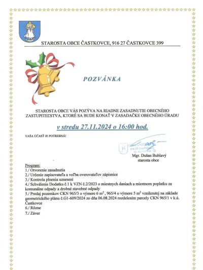 Pozvánka na obecné zastupiteľstvo