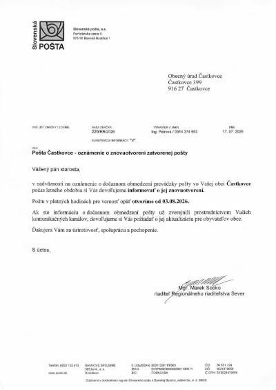 Oznámenie o&nbsp;znovuotvorení pošty Častkovce